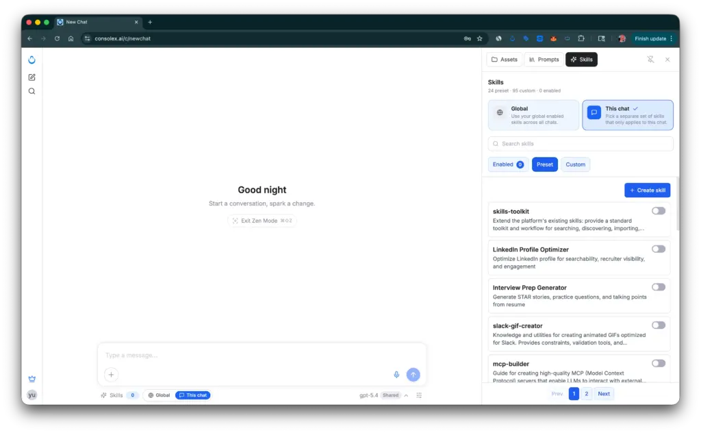 ConsoleX Skills panel displaying a list of available tools like "LinkedIn Profile Optimizer" and "Interview Prep Generator."
