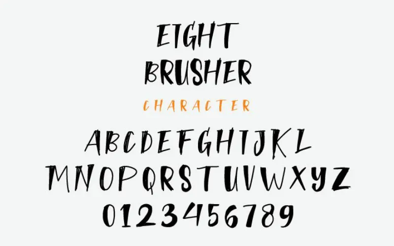 Eight Brusher hand brush font display showing the complete character set and numbers.