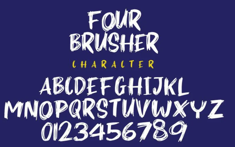 Complete character set and numerals for the Five Brusher unique brush font.