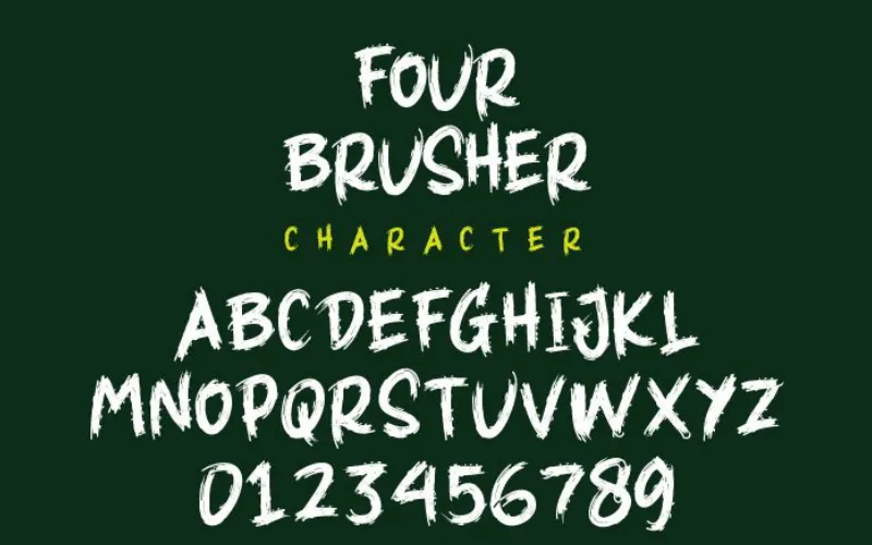 Character map for Four Brusher Brush Lettering Font including A-Z and 0-9.