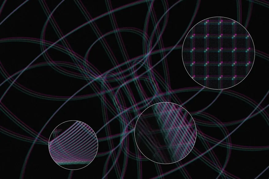 Abstract dark neon curved lines of Glitch Grid Y2K BG with circular zooms