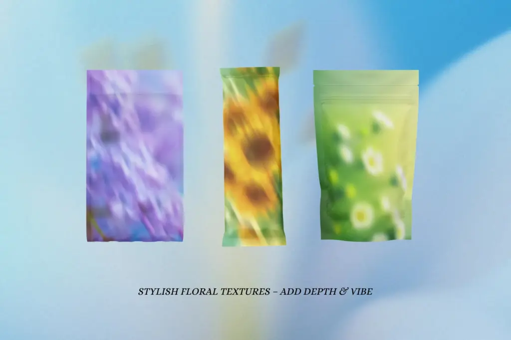 Stylish floral Gradient Textures applied to various product packaging mockups.