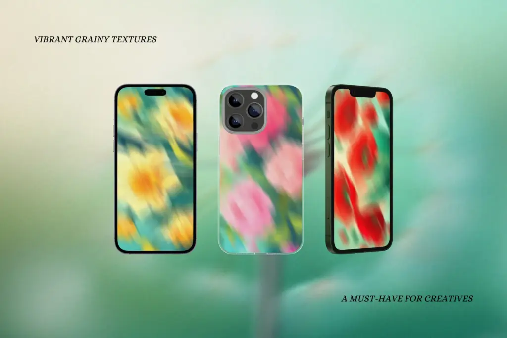 Vibrant Grainy Textures displayed as wallpapers and cases on smartphone mockups.