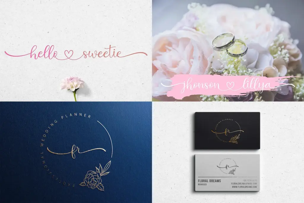 A romantic script font featuring heart-shaped decorative connectors, a versatile choice from the Popular Script Fonts bundle.