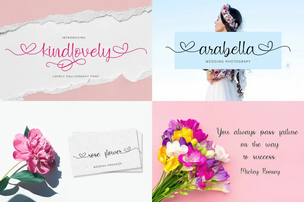 A lovely calligraphy typeface with bouncy characters and heart accents, included in the Popular Script Fonts resource.