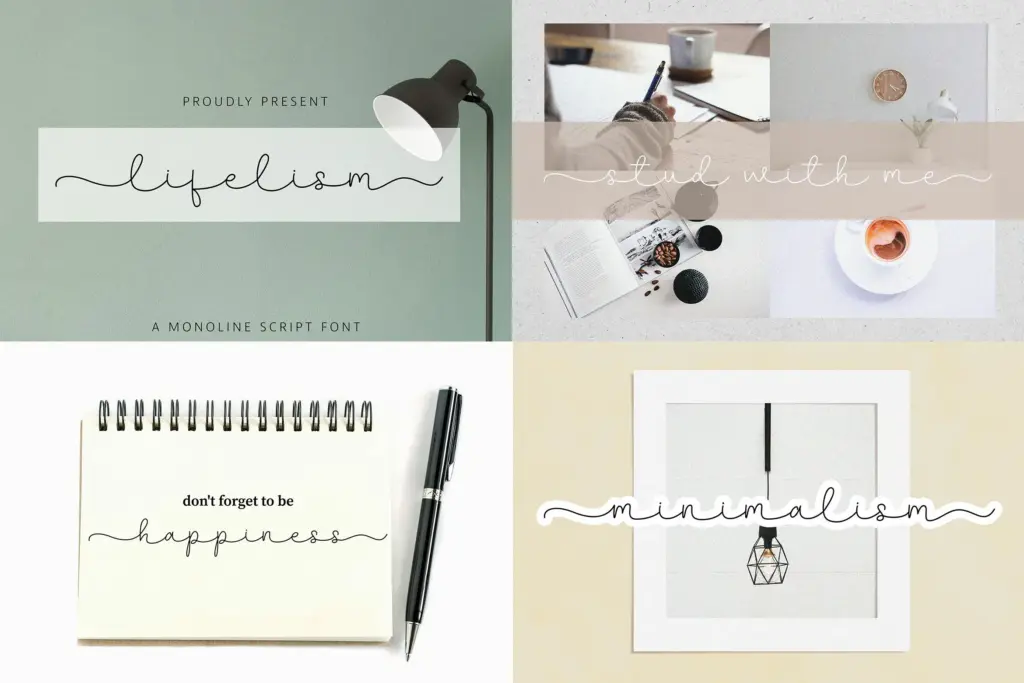 A clean, monoline script font with a minimalist feel, categorized under the Popular Script Fonts for lifestyle branding.