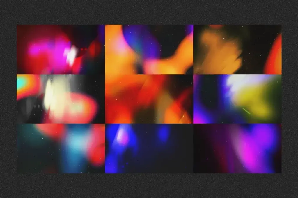 A collage of artistic Noisy Gradients showcasing dynamic light leaks and varied color palettes.