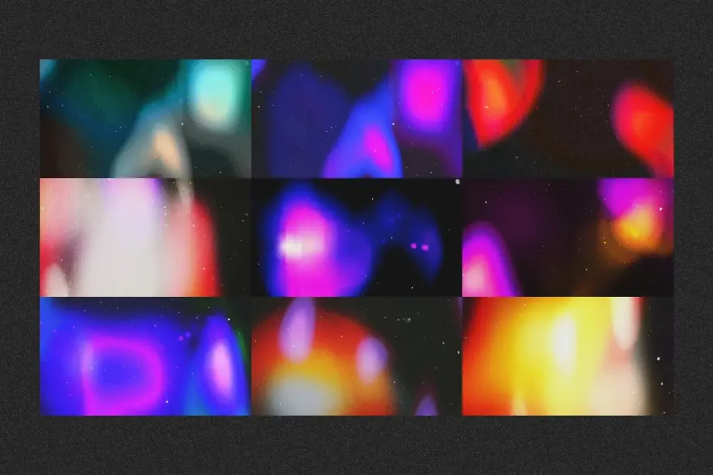 A set of vibrant Gradient Backgrounds with high-contrast neon colors and vintage film-style grain.