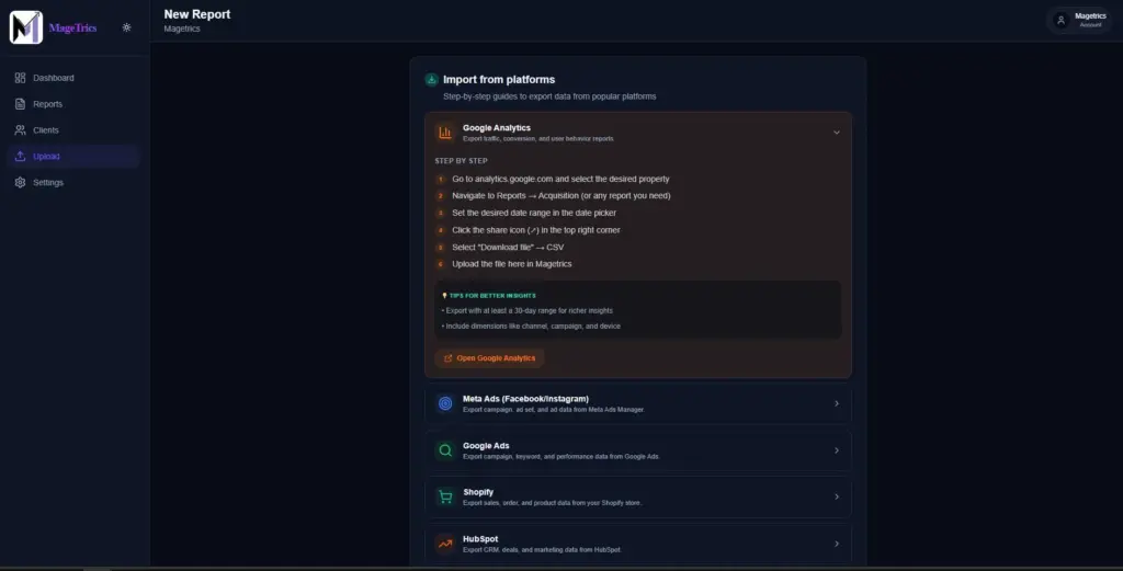 How to import data from Google Analytics in Magetrics AI Marketing Analytics & Client Reporting Tool
