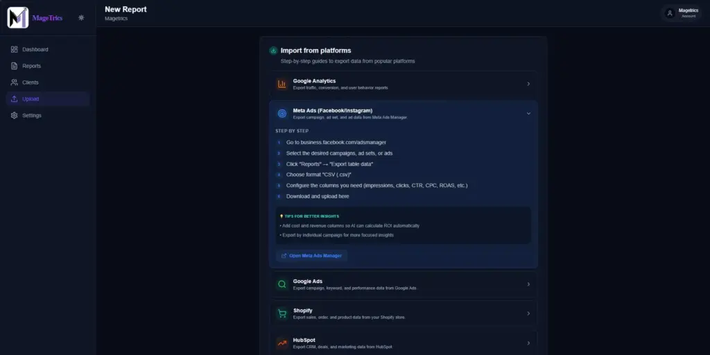 How to import data from Meta Ads - Facebook/Instagram in Magetrics AI Marketing Analytics & Client Reporting Tool