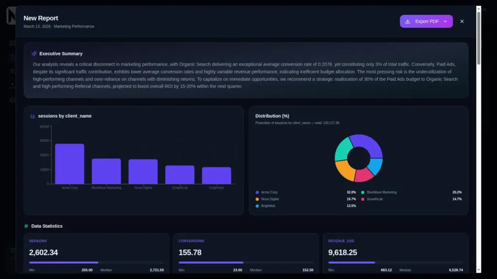 Summary & charts generated with a report in Magetrics AI Marketing Analytics & Client Reporting Tool