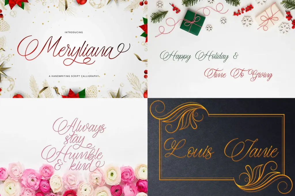 An elegant, high-contrast calligraphy font showcased in the Popular Script Fonts collection, ideal for holiday cards and luxury invitations.