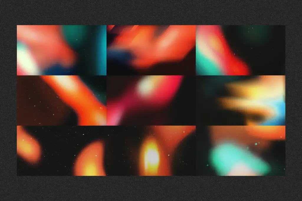 A collection of diverse Noisy Gradient Backgrounds featuring warm orange and cool teal light leak effects.