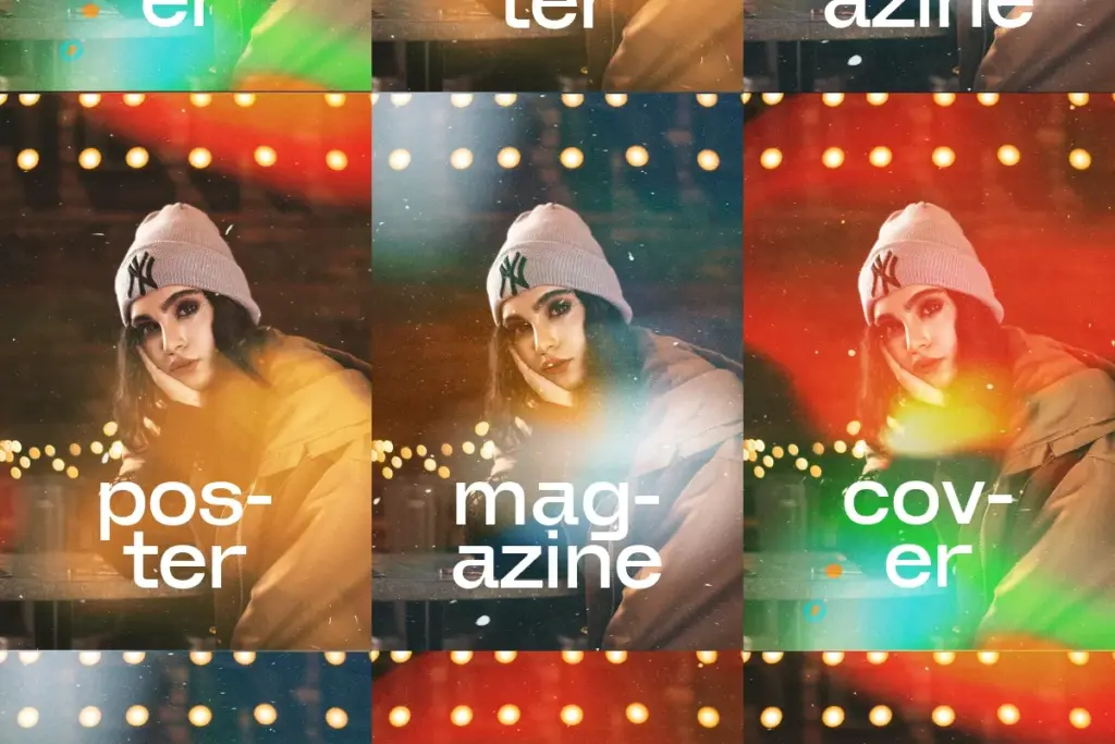 A trio of magazine cover mockups demonstrating how Noisy Gradient overlays add depth and texture to photography.