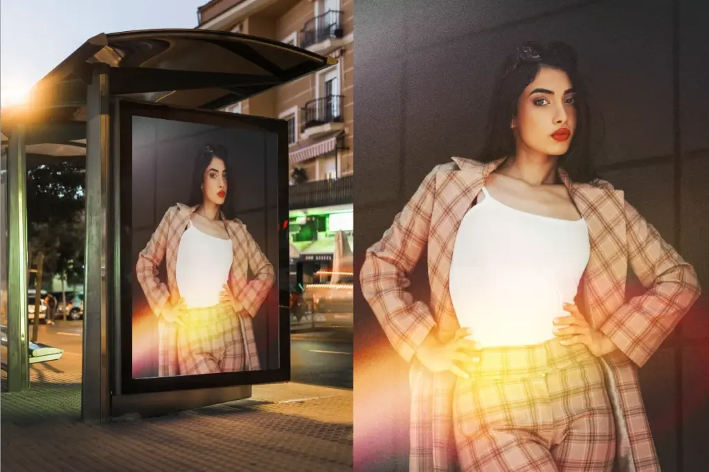 A bus stop billboard showcasing Noisy Gradient Backgrounds applied as a vibrant overlay on a fashion model’s portrait.
