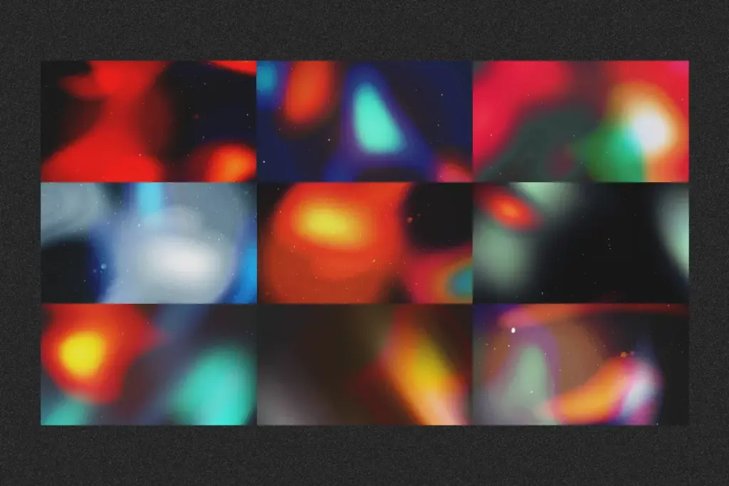A grid of nine colorful Noisy Gradients with soft bokeh effects and a heavy grainy texture.
