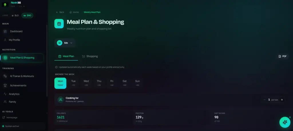 NutriAI Meal plan and shopping