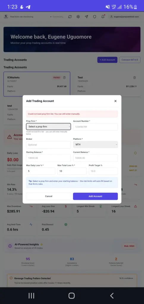 PropSentinel mobile interface showing the "Add Trading Account" form with auto-fill options for prop firm rules.