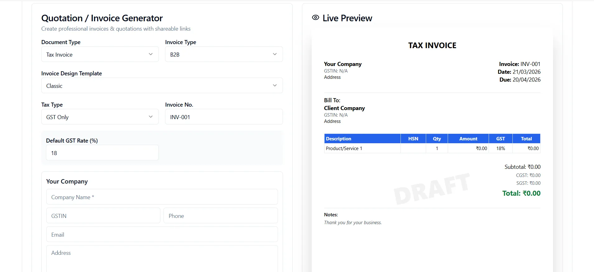Quotation Invoice Generator In Doffl's Business Management and Marketing Tools