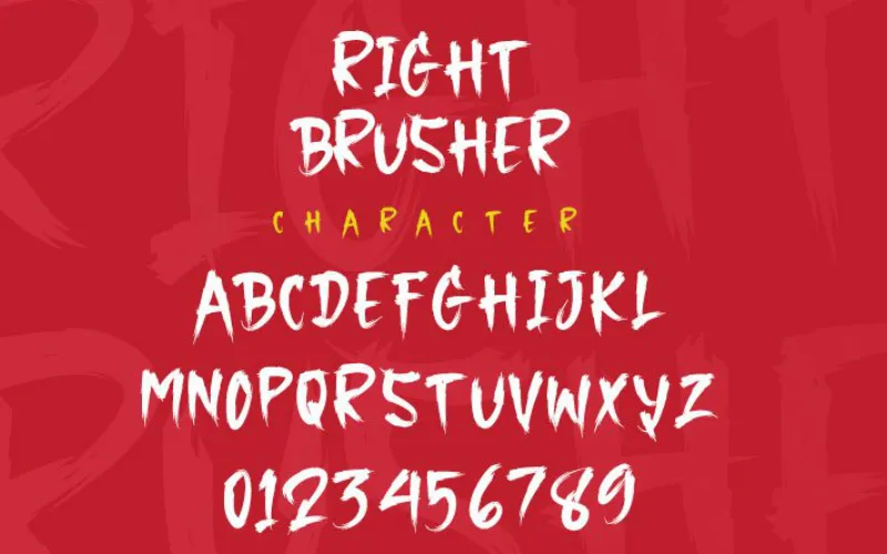 Full character set of the Right Brusher hand brush font including numbers.