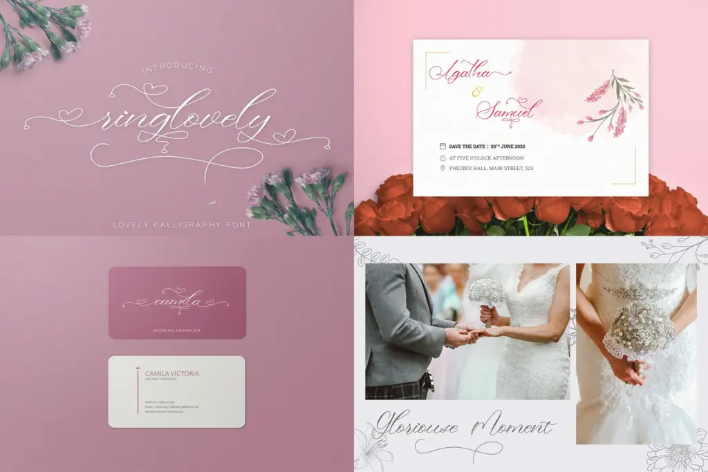 A delicate and flowing calligraphy font with ornate swashes, featured as a wedding-ready option in the Popular Script Fonts deal.
