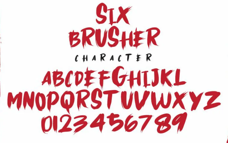 Full character map for the Six Brusher grunge brush font.