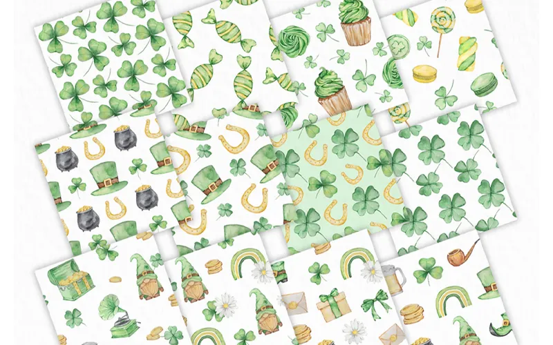 A collage of various watercolor St Patricks Day patterns featuring gnomes, shamrocks, and gold coins.