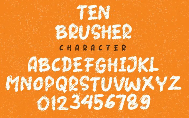 Numerical and alphabetical character set for Ten Brusher brush font.