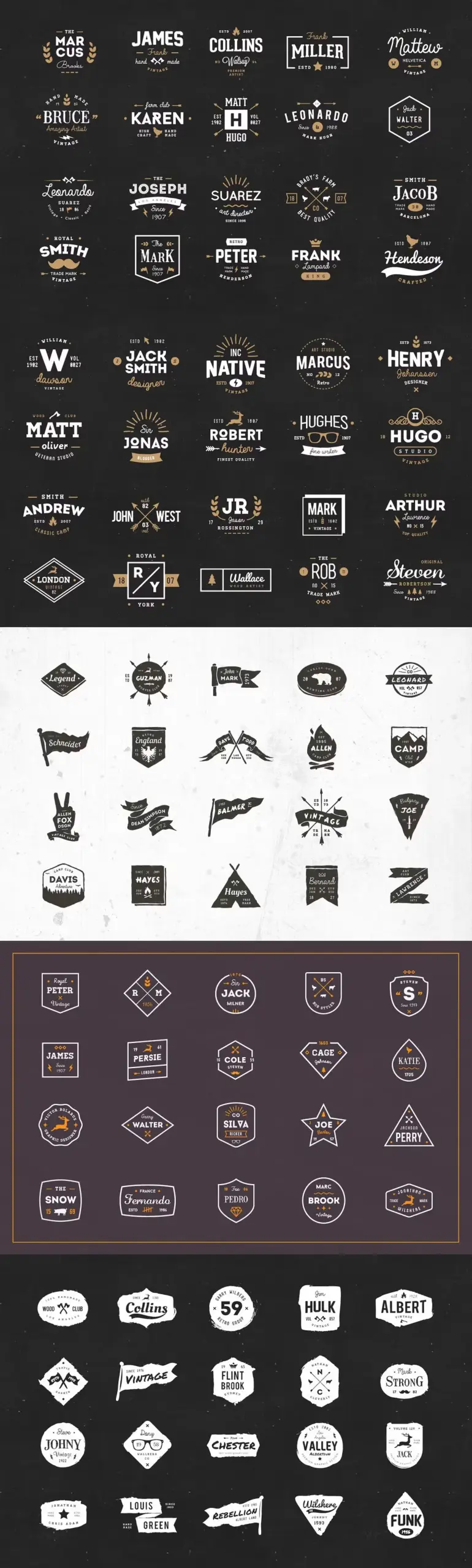 Collage of vintage & retro vector logo illustrations included in the bundle