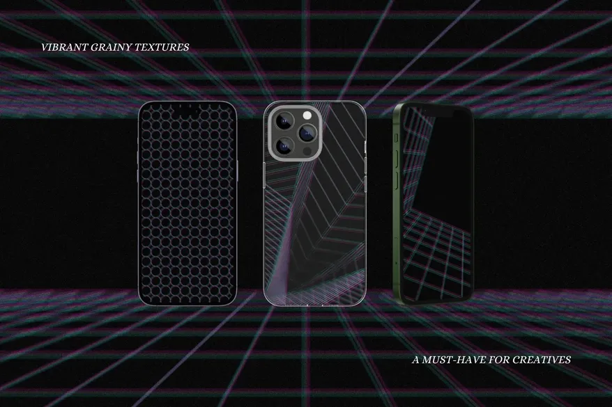 Smartphones with vibrant glitch designs of Glitch Grid Y2K Backgrounds Bundle