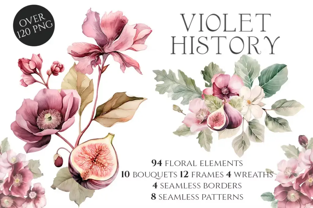 Violet floral clipart of 3800+ Watercolor Pictures Bundle