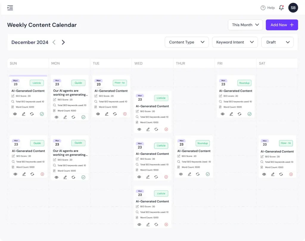 Weekly Content Calendar In SEOBrain AI SEO Content Generator