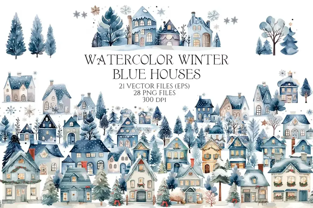 Winter blue houses clipart of 3800+ Watercolor Pictures Bundle