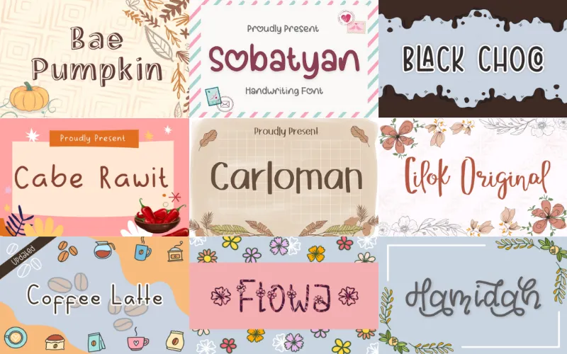This is a collage of fonts including Bae Pumpkin and Black Choc from a handwritten decorative fonts bundle.