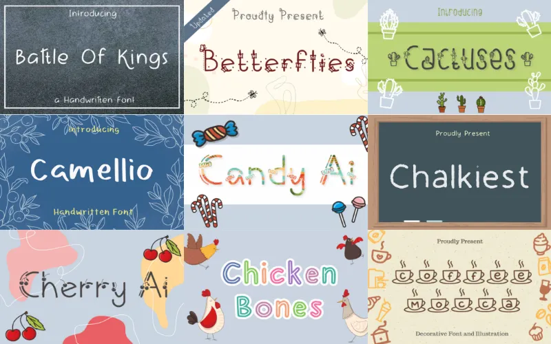 This is a collage of fonts including Battle of Kings and Chicken Bones from a handwritten decorative fonts bundle.