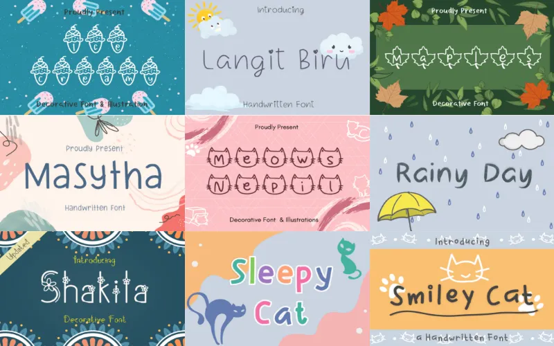 this is a collage of fonts including Langit Biru and Sleepy Cat from a handwritten decorative fonts bundle.