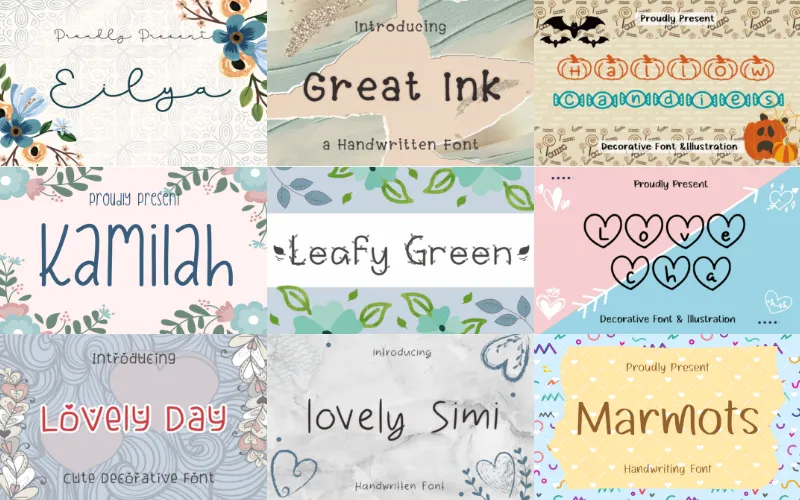 This is a collage of fonts including Eilya and Leafy Green from a handwritten decorative fonts bundle.