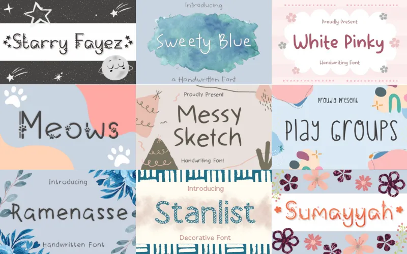 This is a collage of fonts including Starry Fayez and Messy Sketch from a handwritten decorative fonts bundle.