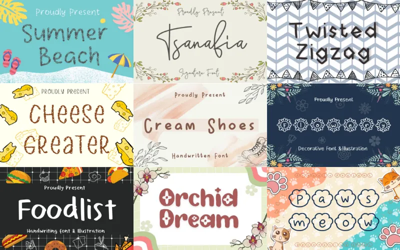 This is a collage of fonts including Summer Beach and Orchid Dream from a handwritten decorative fonts bundle