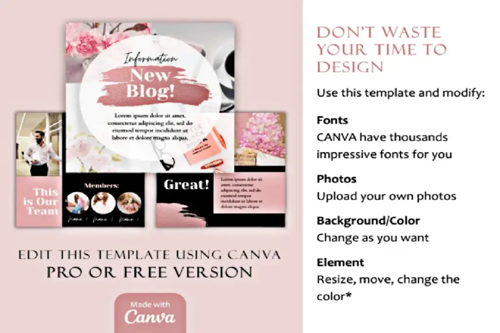Customization guide for Black & Pink Canva Marketing Templates, showing how to edit fonts, photos, and elements.