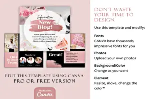 Customization guide for Black & Pink Canva Marketing Templates, showing how to edit fonts, photos, and elements.