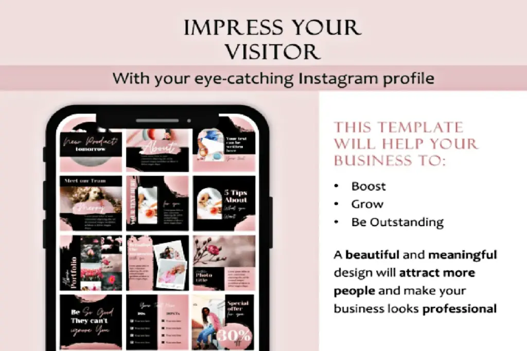 Mobile interface showcasing how Black & Pink Canva Marketing Templates help businesses grow and look professional.