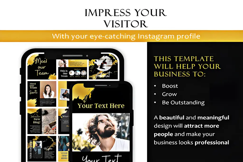 Mobile preview of Black & Gold Canva Marketing Templates, showing how to create a professional and eye-catching Instagram profile.