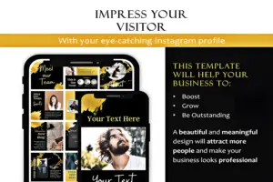 Mobile preview of Black & Gold Canva Marketing Templates, showing how to create a professional and eye-catching Instagram profile.