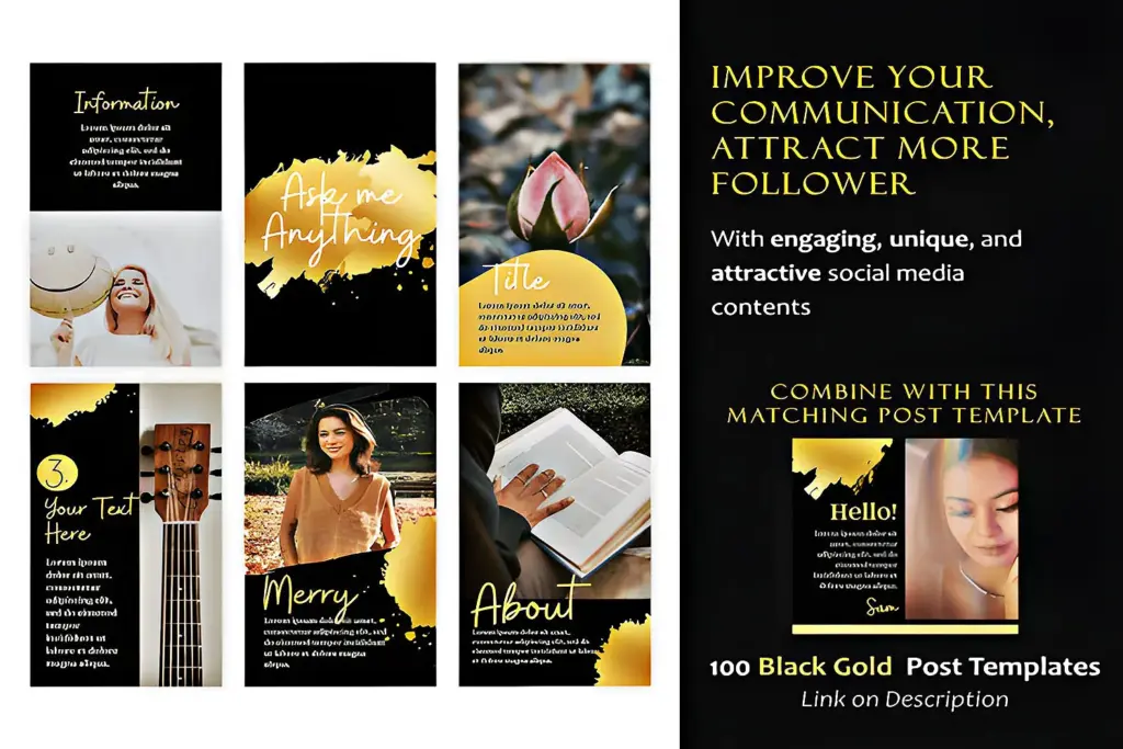Display of Black & Gold Canva Marketing Templates for Instagram Stories, featuring engaging designs to help attract more followers.