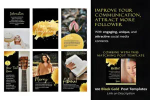 Display of Black & Gold Canva Marketing Templates for Instagram Stories, featuring engaging designs to help attract more followers.