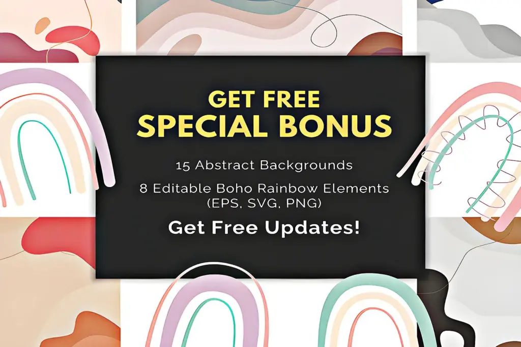 Announcement for free special bonus assets included with the Black & Gold Canva Marketing Templates, such as abstract backgrounds and boho elements.
