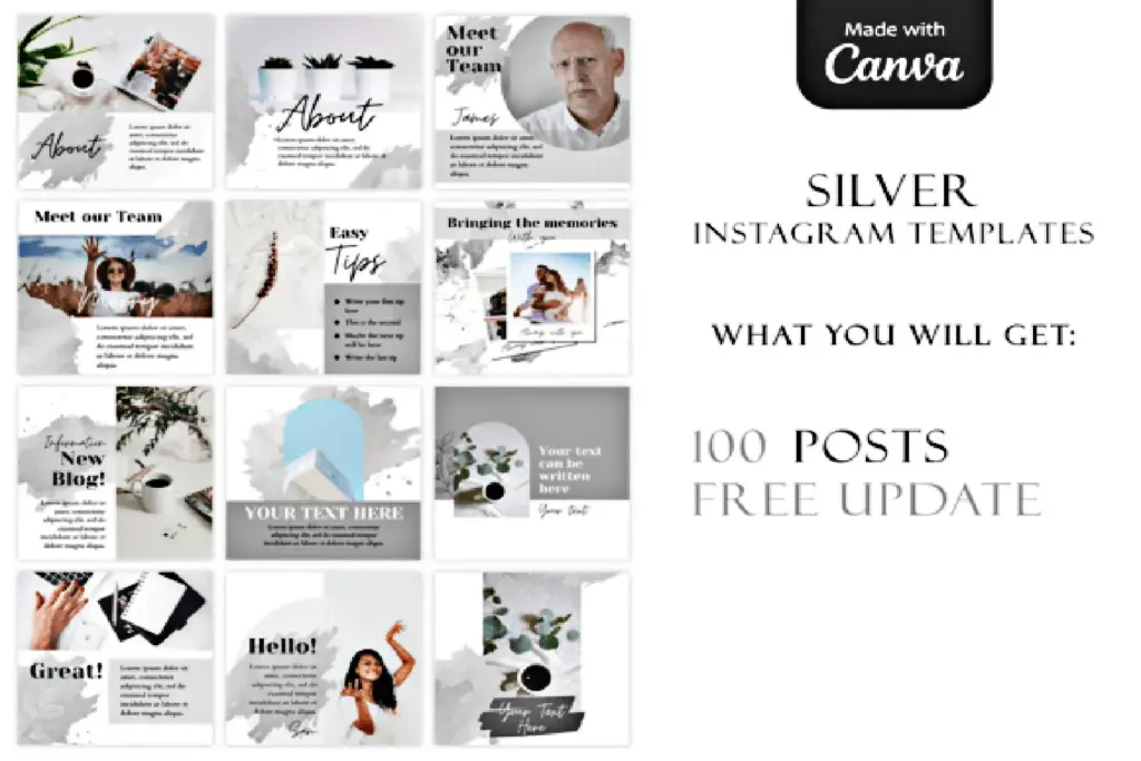 Promotional overview for 200+ Silver Modern Canva Marketing Templates, showing professional, minimalist social media layouts.