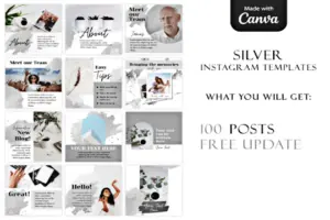 Promotional overview for 200+ Silver Modern Canva Marketing Templates, showing professional, minimalist social media layouts.