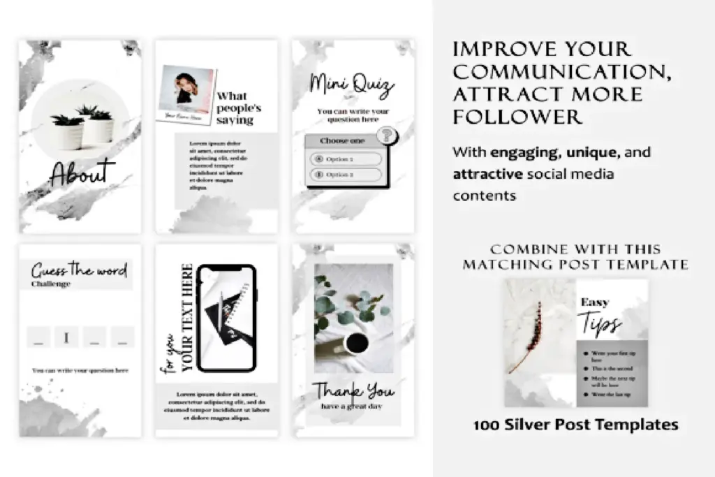 Display of Silver Modern Canva Marketing Templates designed for stories to increase engagement and follower growth.